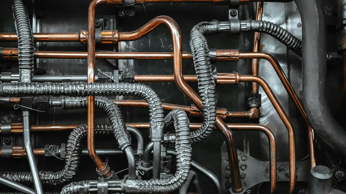 Copper water lines and flexible gas lines bundled behind an appliance